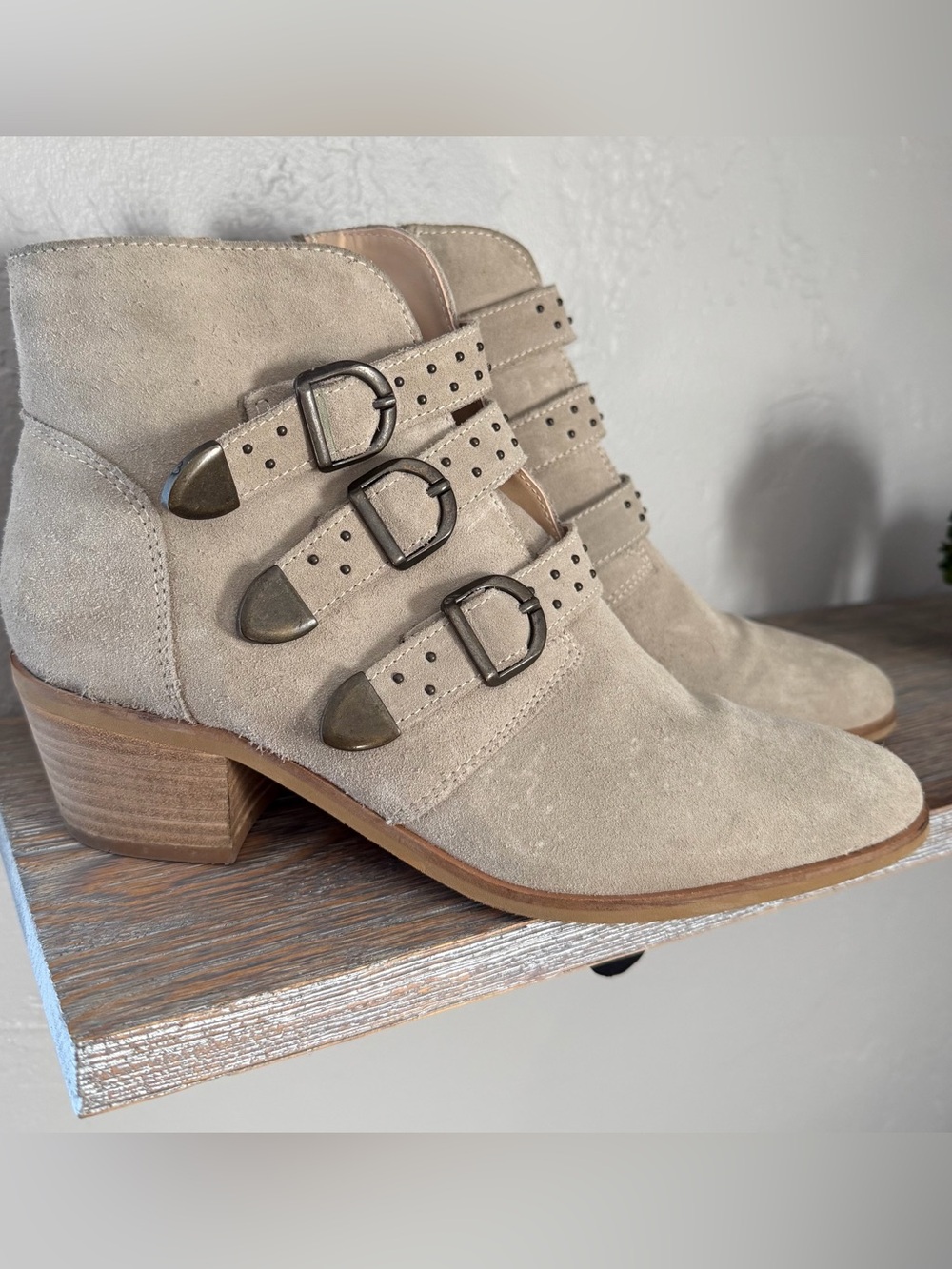 Crevo Taupe Suede Triple-Buckle Ankle Booties